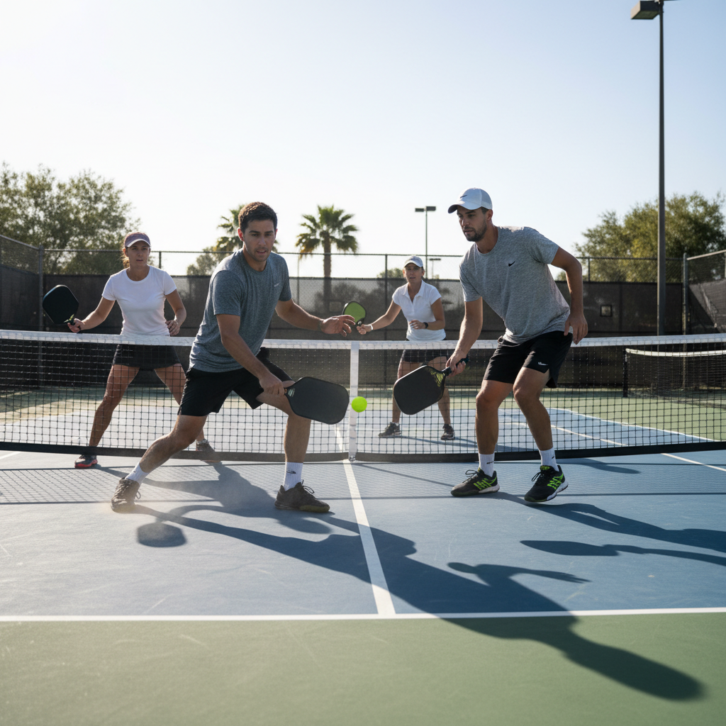 Competitive lunchtime pickleball session for advanced players, intense rally at the kitchen line