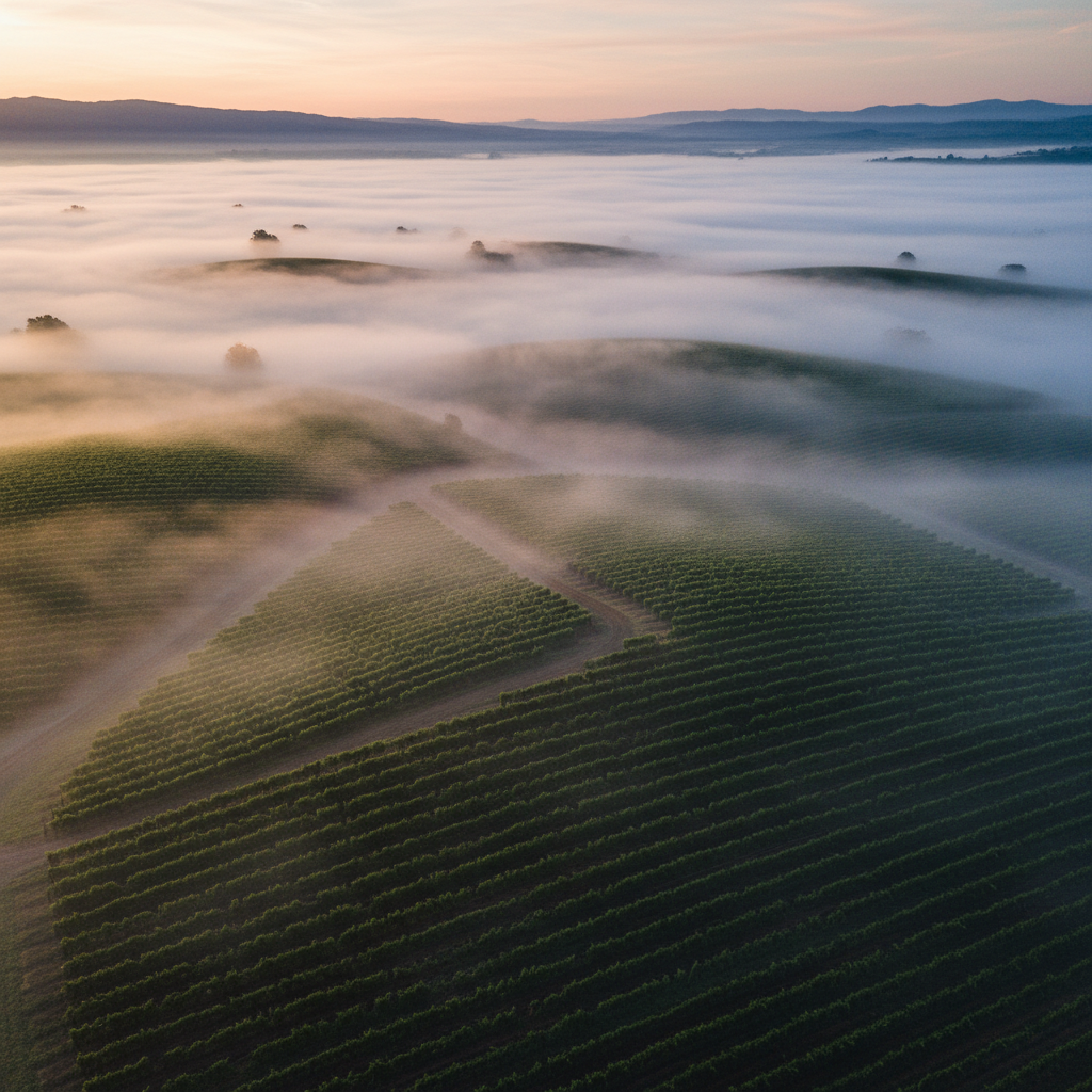 Aerial dawn view of Terroir estate vineyard rows emerging from morning fog in Napa Valley