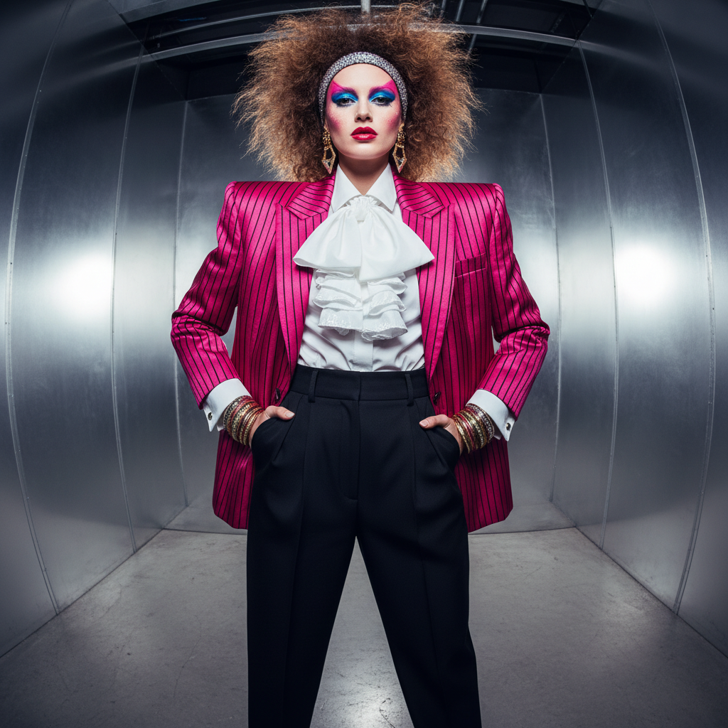 1980s power fashion editorial, dramatic shoulder silhouette, bold theatrical makeup, studio strobe lighting, maximum impact