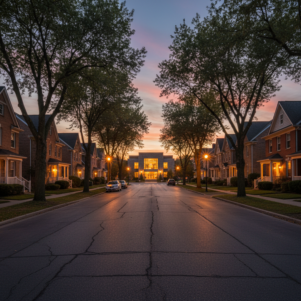 A residential street at dusk — some streetlights are on, some are dark. A community center glows warmly at the end of the block.