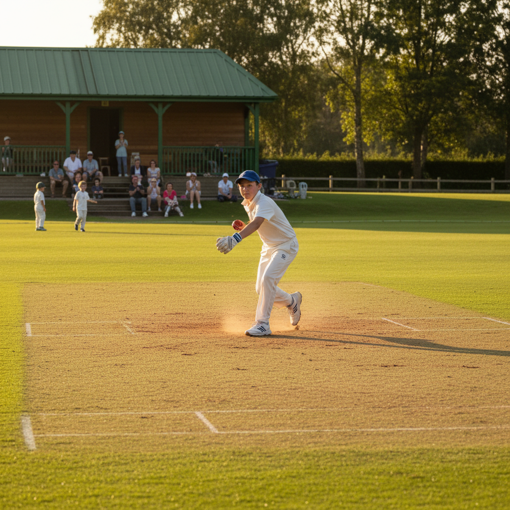 Young cricket player bowling on a proper cricket square, parents watching from the pavilion steps in the background, afternoon light