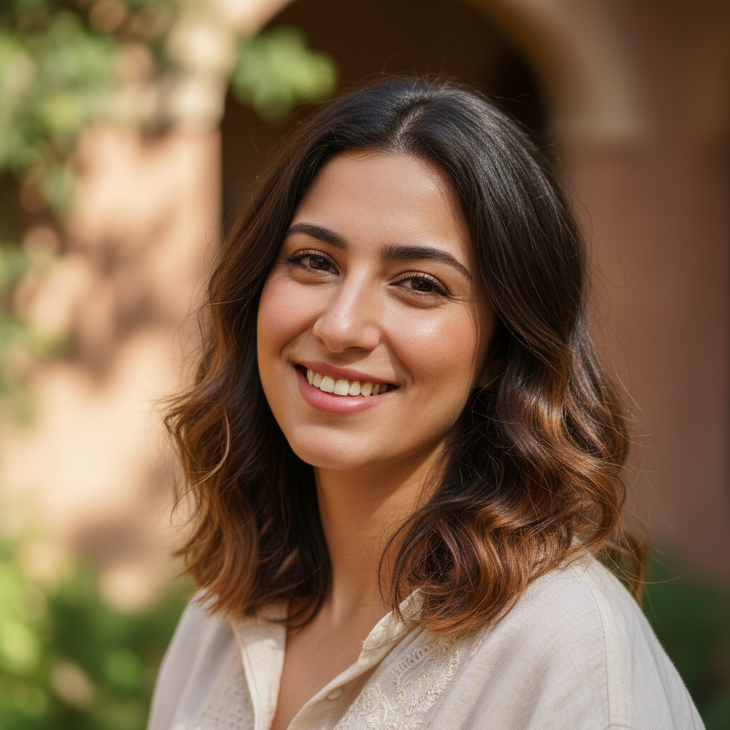 Portrait of an Egyptian woman smiling warmly in natural daylight