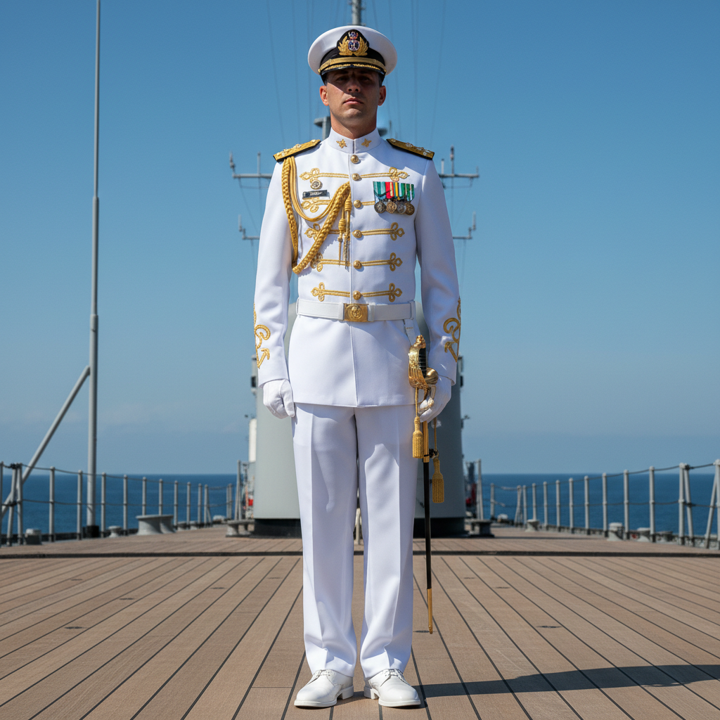 Brazilian Navy personnel in white uniform standing proudly with naval vessel in background
