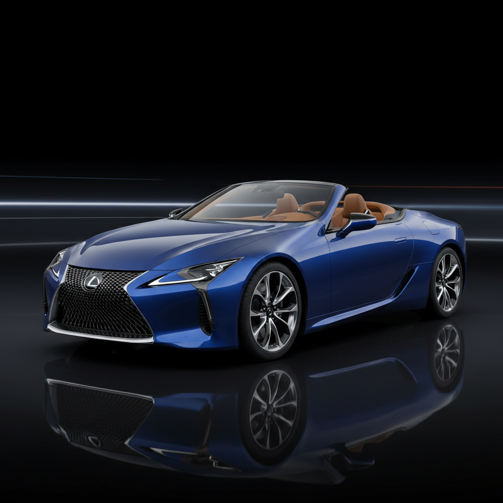 Blue Lexus LC 500 luxury coupe on clean modern road at dusk