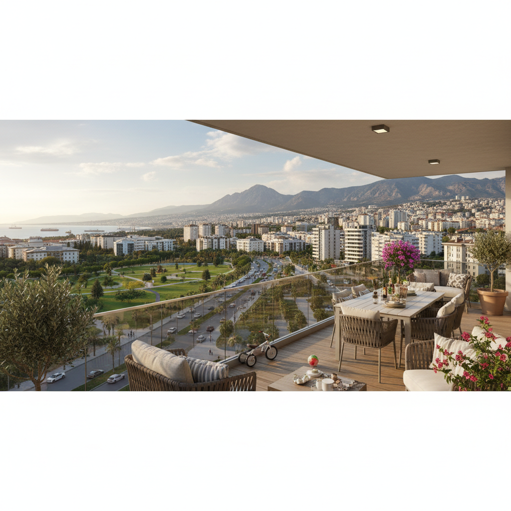 Geniş balkon, deniz manzarası, dış mekan mobilyaları