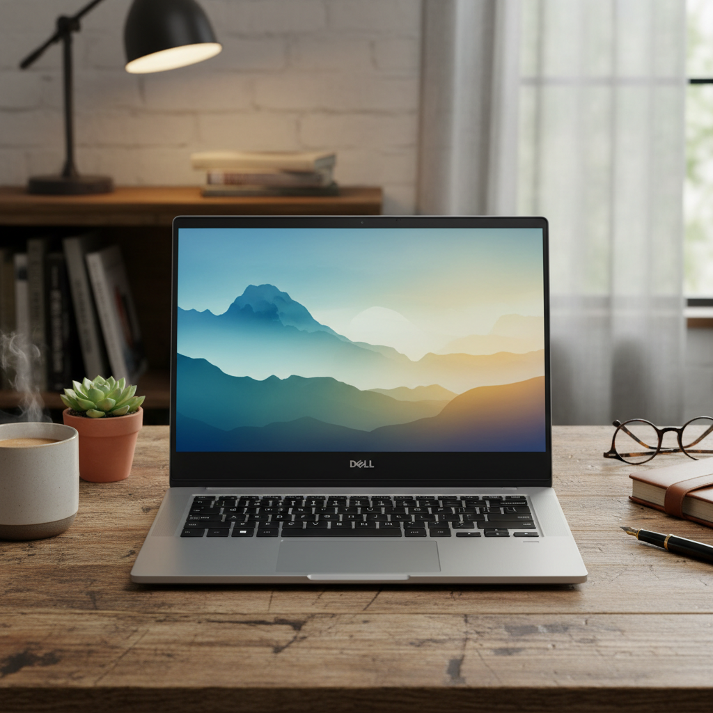 Silver Dell laptop open on white desk showing bright screen