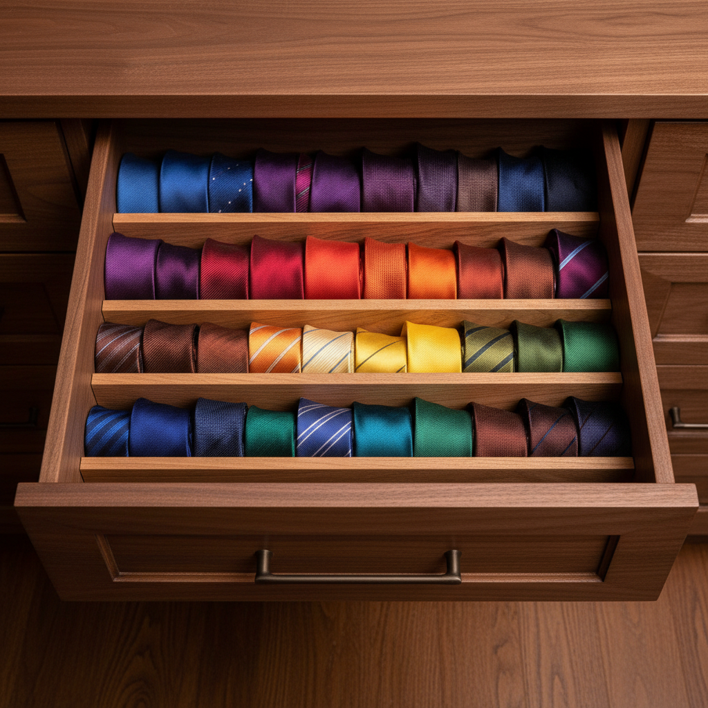 Elegant cedar-lined tie rack with organized silk ties arranged by color in a custom walnut drawer