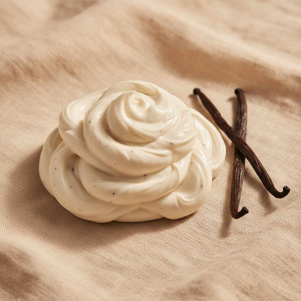 Vanilla pods and white powder on light linen background, soft diffused light, clean and natural styling