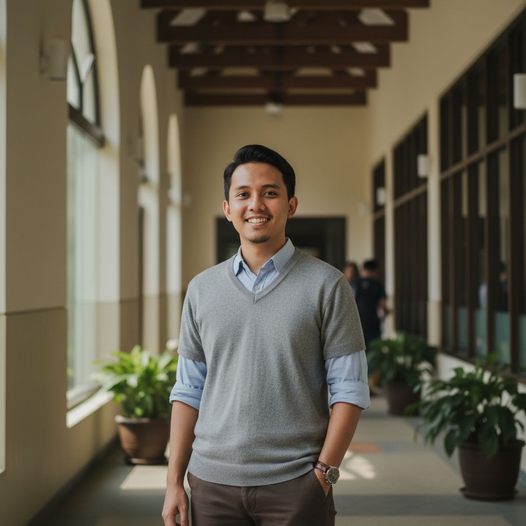 Young male academic in formal attire, confident expression, university corridor