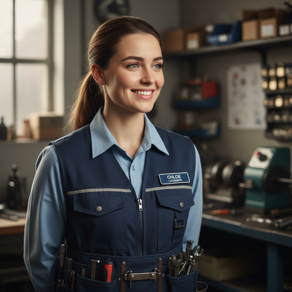 Aaliyah Brooks, young female locksmith technician, professional uniform, warm smile