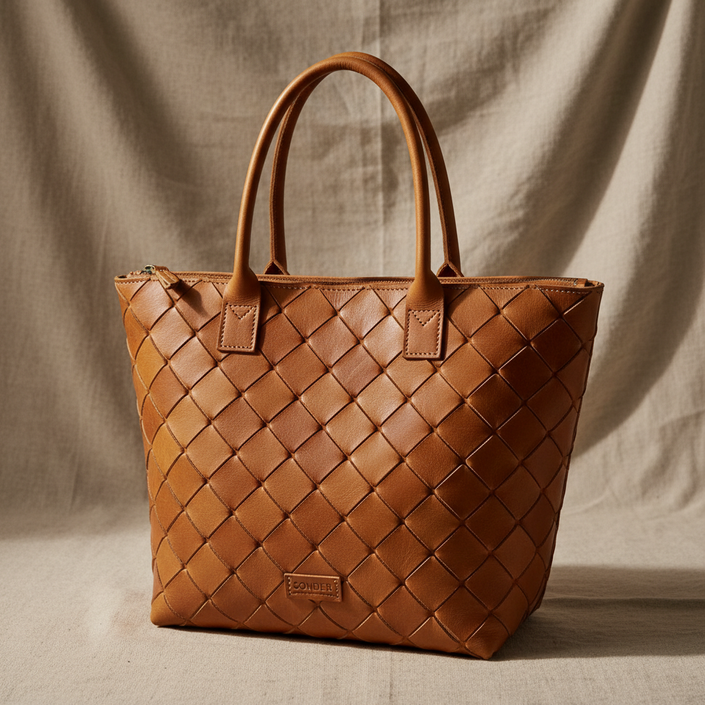 Luxury woven leather tote bag with warm spotlight