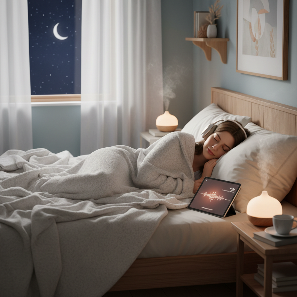 Person studying with headphones and tablet at night