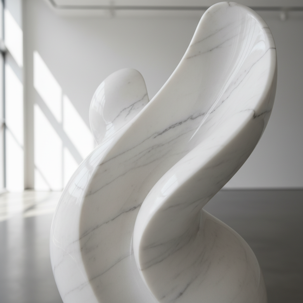 White Carrara marble abstract sculpture with smooth curved planes catching gallery light