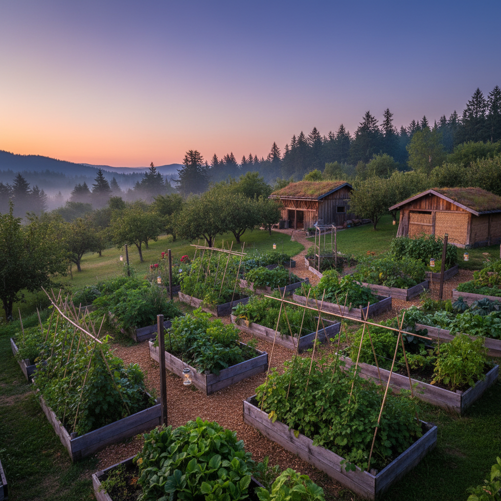 Permaculture homestead with raised garden beds and outbuildings at dusk