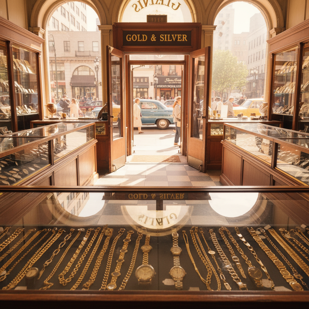 View from behind a pawnshop counter looking through glass cases filled with gold chains and watches toward the entrance with warm daylight flooding in