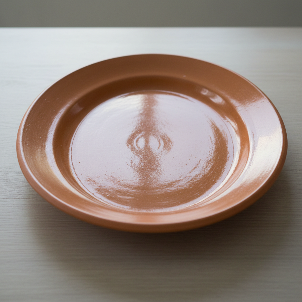 Round terracotta serving bowl with warm reddish-brown glaze on light wooden surface