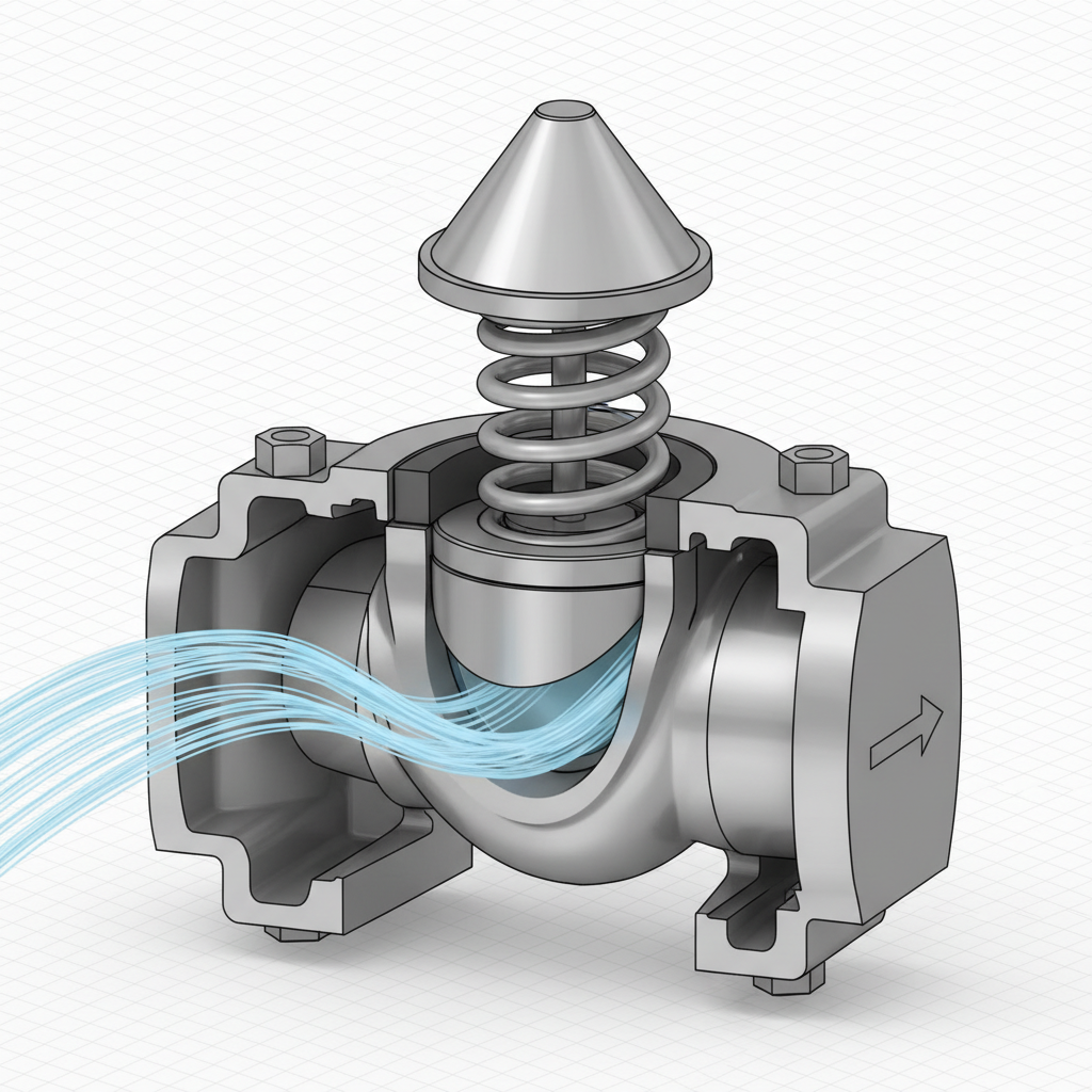Nozzle check valve in cross-section showing spring-loaded disc and streamlined flow path