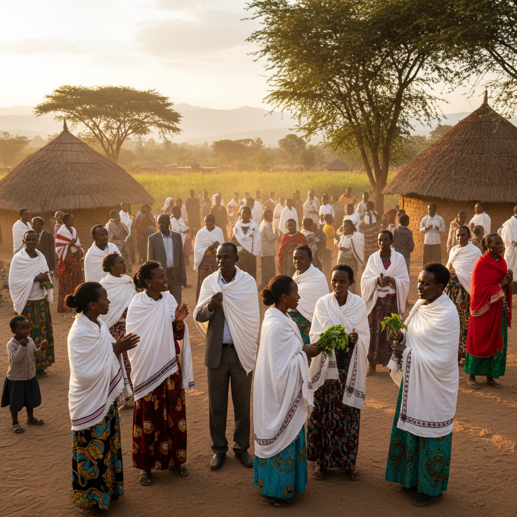 Ethiopian community gathering outdoors, traditional attire, warm afternoon light, expressions of engagement and discussion