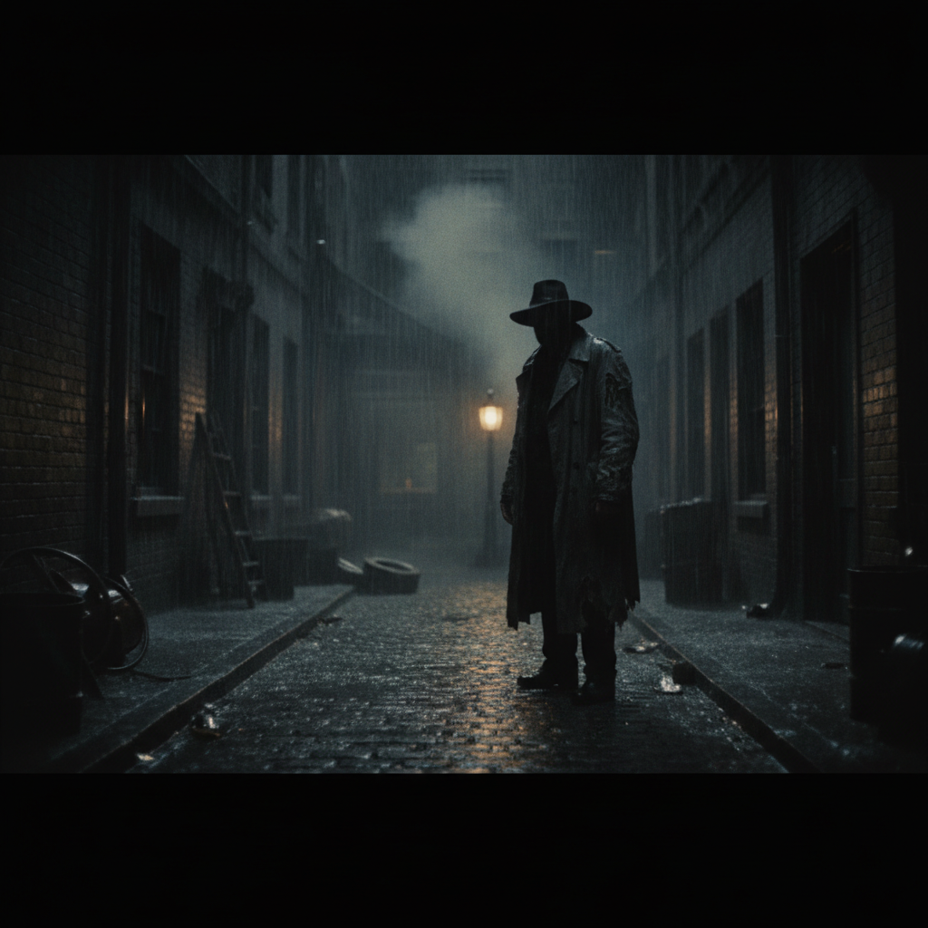 Dark cinematic film still with dramatic shadow play and moody atmospheric lighting