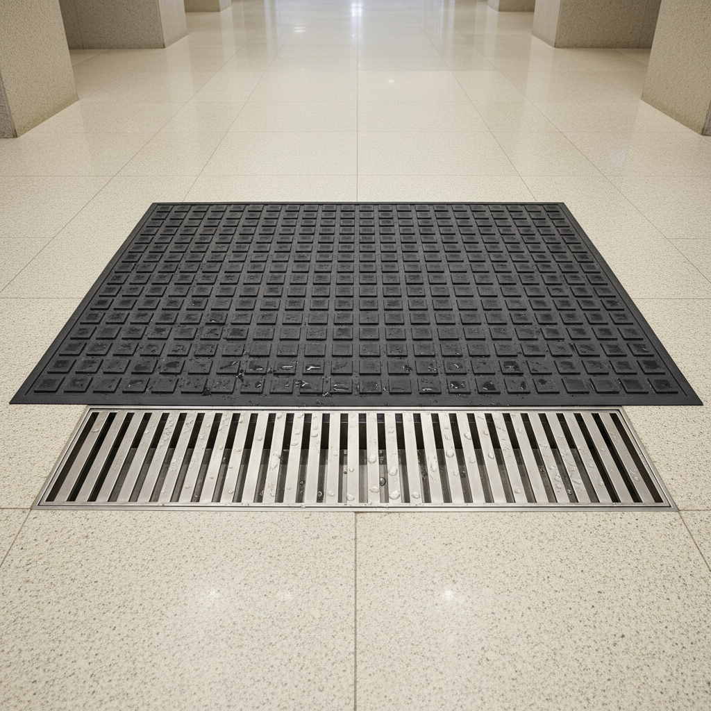 Commercial entrance doormat system with drainage grid in building lobby