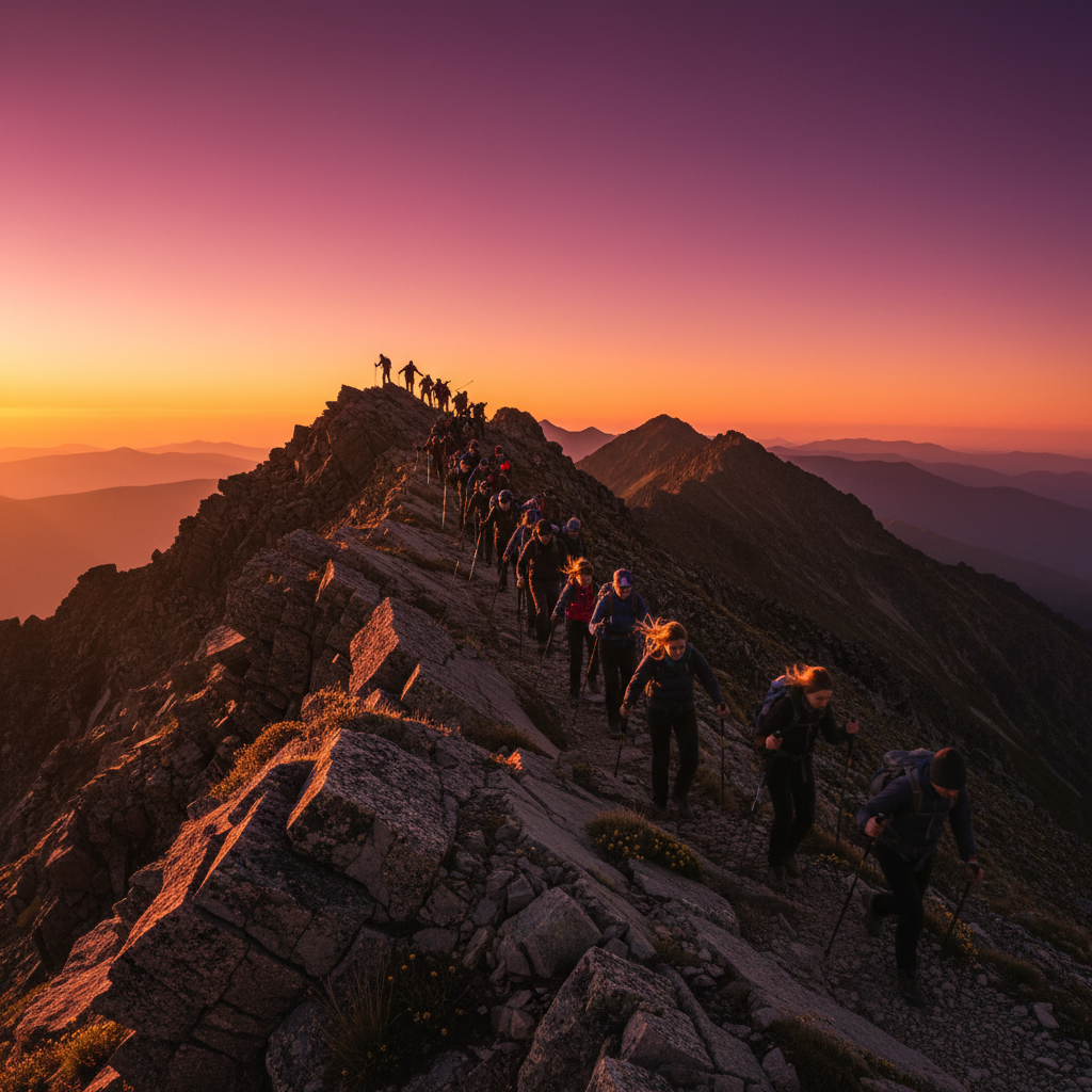 Tight pack of hikers cresting a wind-blasted ridge at golden hour, silhouettes sharp against a tangerine and magenta sky, trekking poles mid-swing