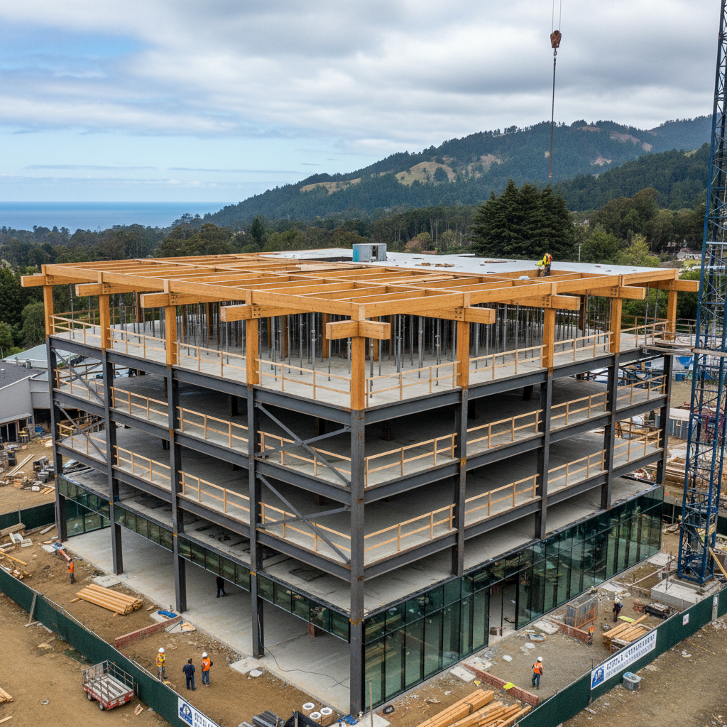 Multi-story commercial office building structural framing with steel and wood combination, Santa Cruz County