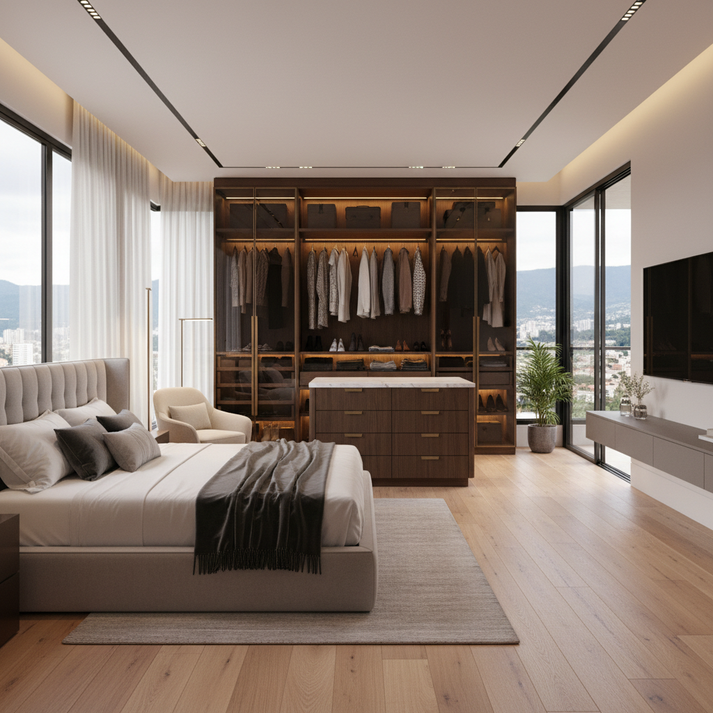 Dormitorio principal amplio con vista a la ciudad y closet empotrado