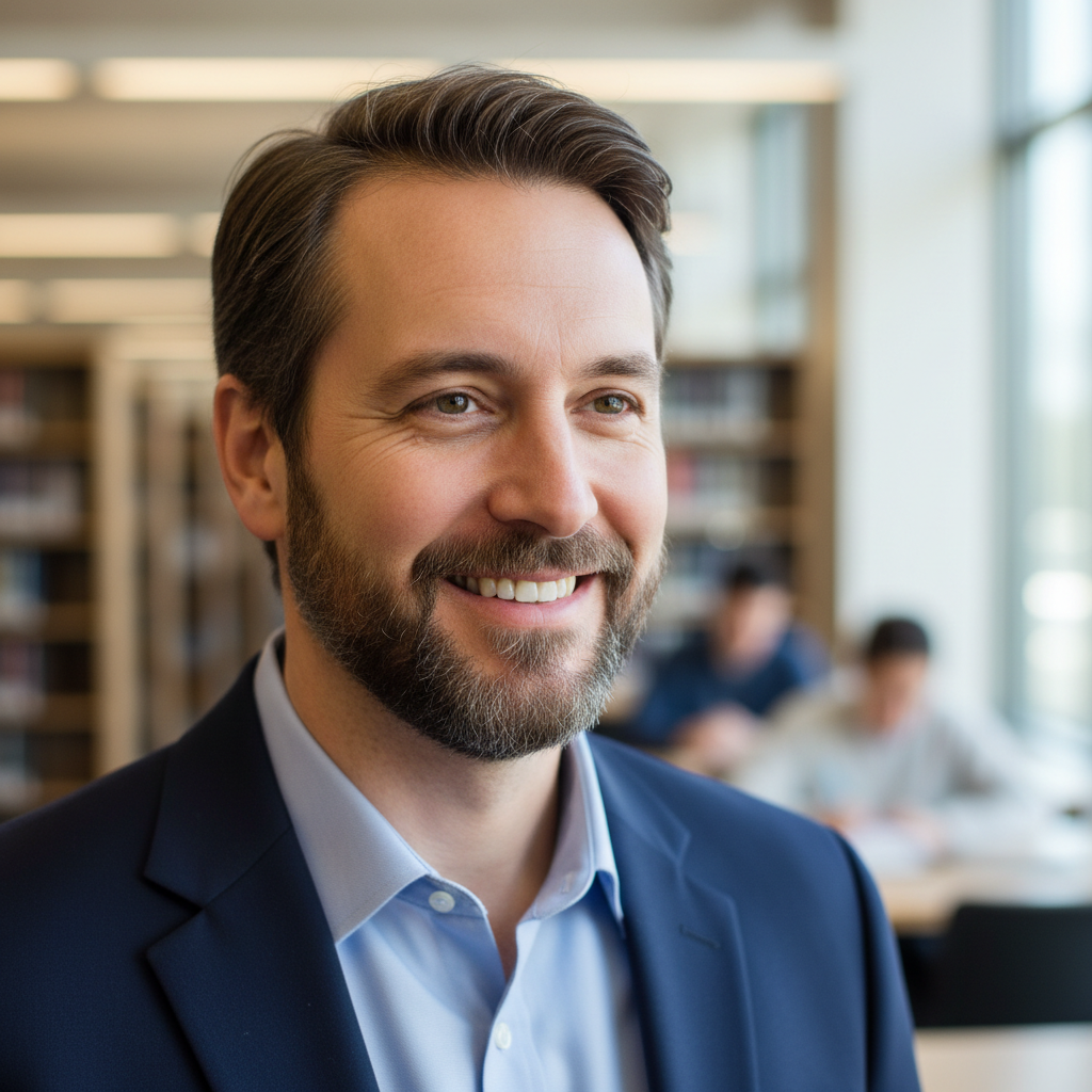 Middle-aged man with beard in blue shirt smiling confidently