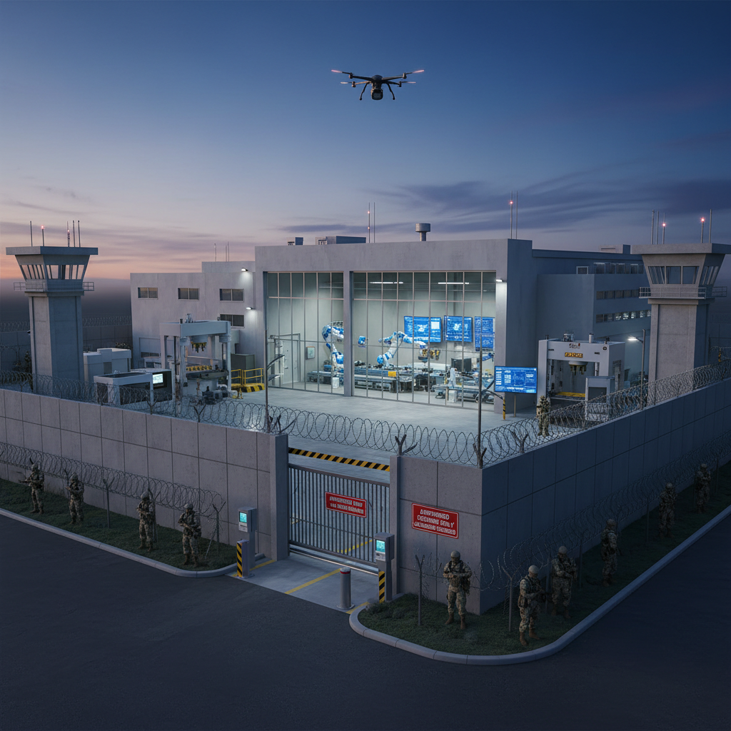 Secure defense manufacturing facility with controlled access and specialized equipment