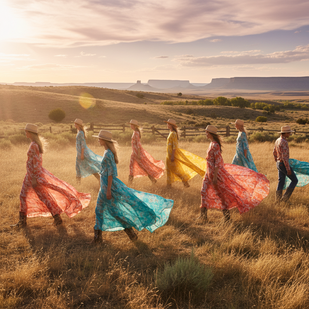 Luxury summer fashion editorial, model in flowy dress, bright outdoor natural lighting, airy open environment