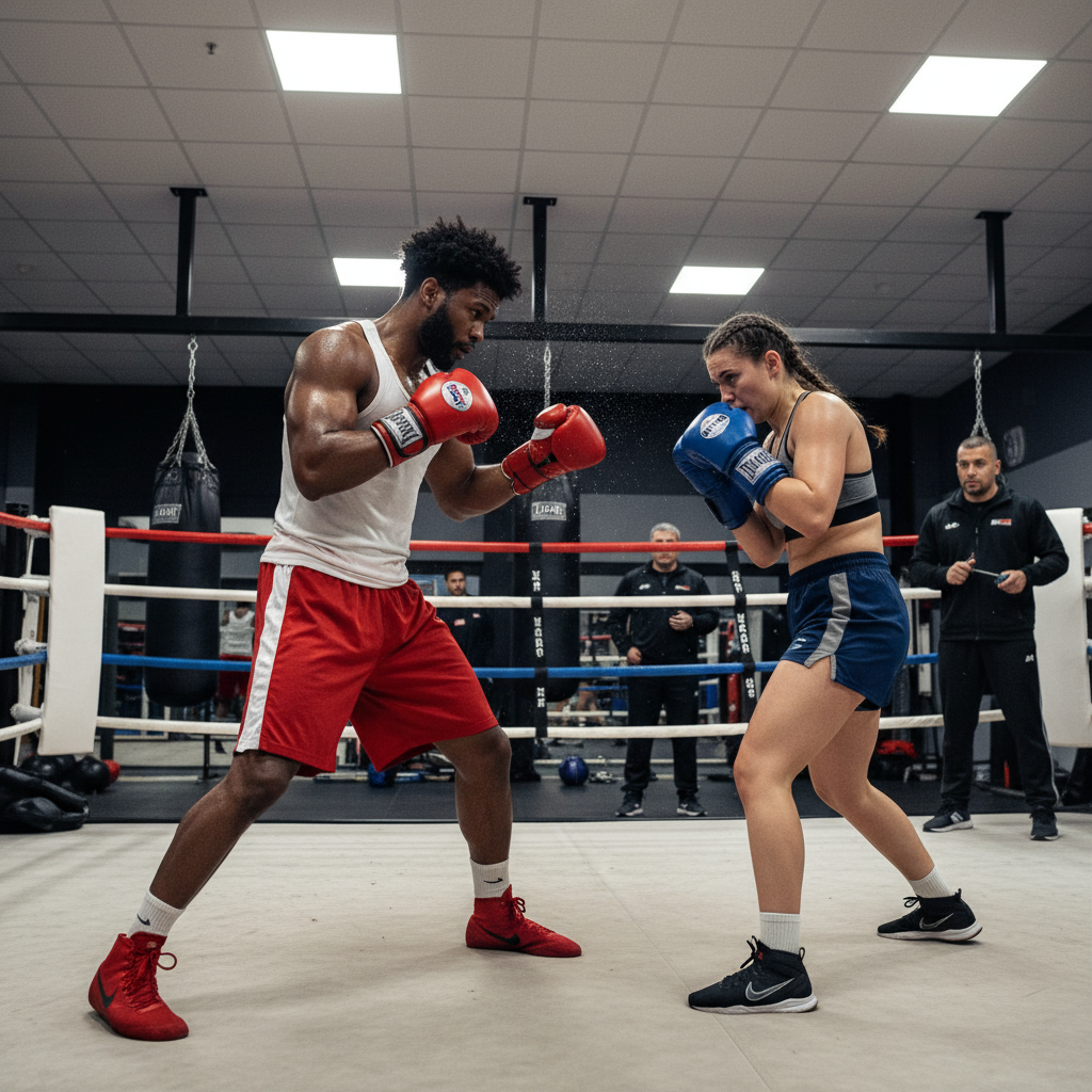 Two men sparring in a boxing gym with other fighters watching