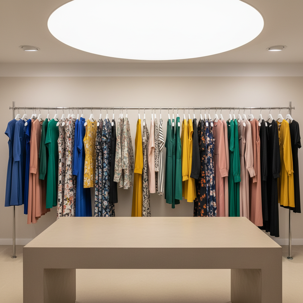Stylish tops on rack, colorful clothing store