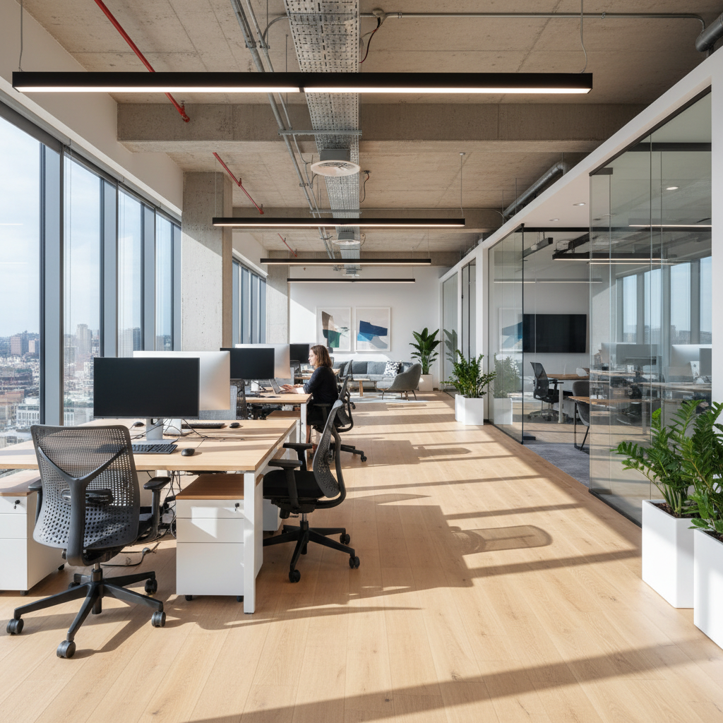Modern open-plan office with bright natural light, wooden desks and team members collaborating