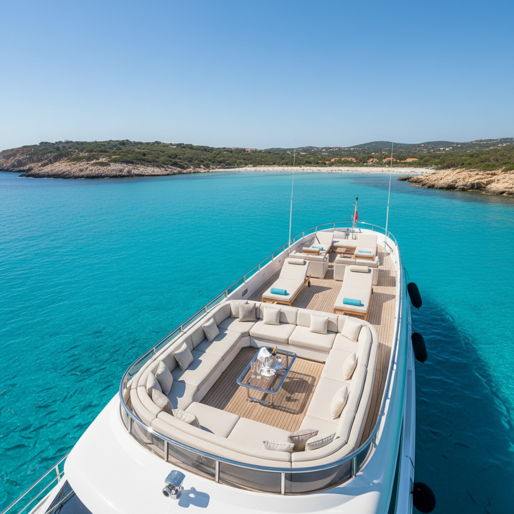 Magnificent superyacht anchored in Mediterranean bay with tender boats alongside