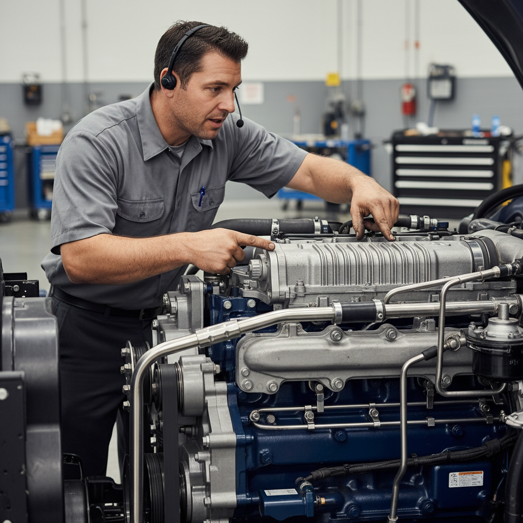 Heavy truck mechanic in safety gear performing maintenance on a commercial truck in a large workshop