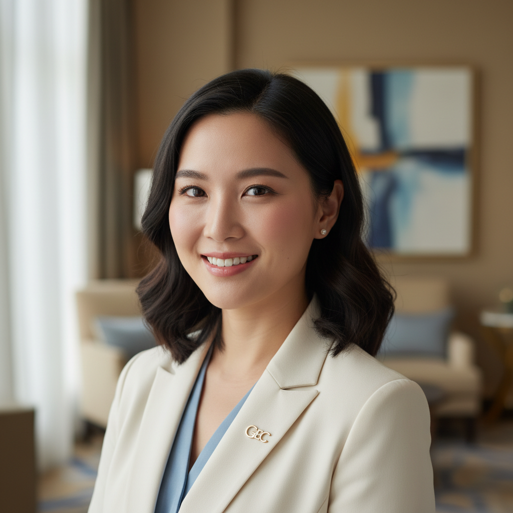 Professional woman with warm expression, guest experience consultant, polished appearance in hospitality environment