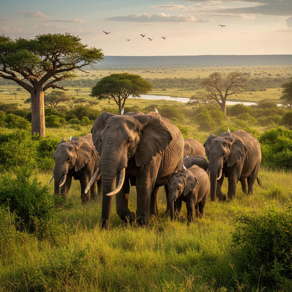 African elephant herd walking across the savanna at sunset in Hwange National Park