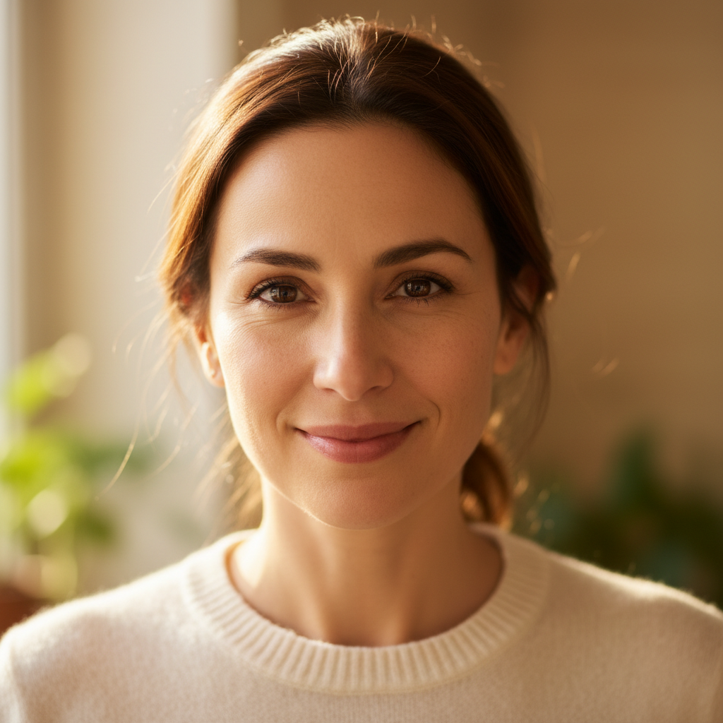 Maria Delgado, a mother in her thirties with warm brown eyes and a gentle smile