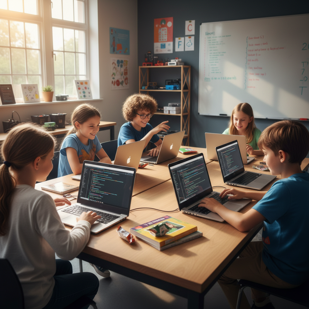 Grupo de pre-adolescentes latinos de 11 a 13 años trabajando juntos en un proyecto tecnológico, con laptops y materiales creativos