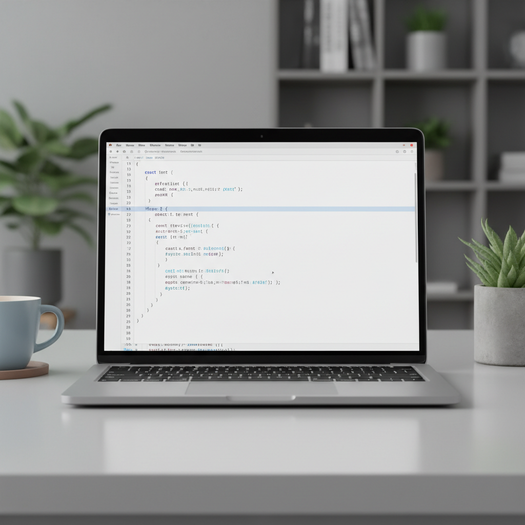 Bright airy room with clean code editor on screen, white keyboard, soft daylight atmosphere