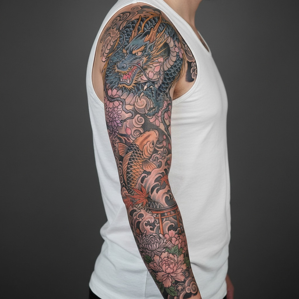 Full sleeve tattoo composition combining Japanese motifs with fine linework botanical elements