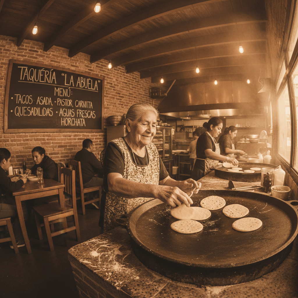 Sepia-toned archival photograph of the family original taquería — grandmother in flour-dusted apron behind a comal, hand-lettered menu board on wall