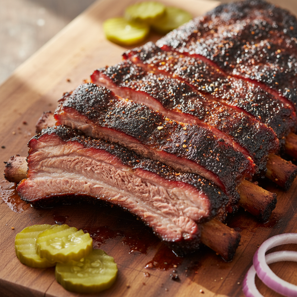 Slow-smoked BBQ ribs with charred bark on cutting board with pickles
