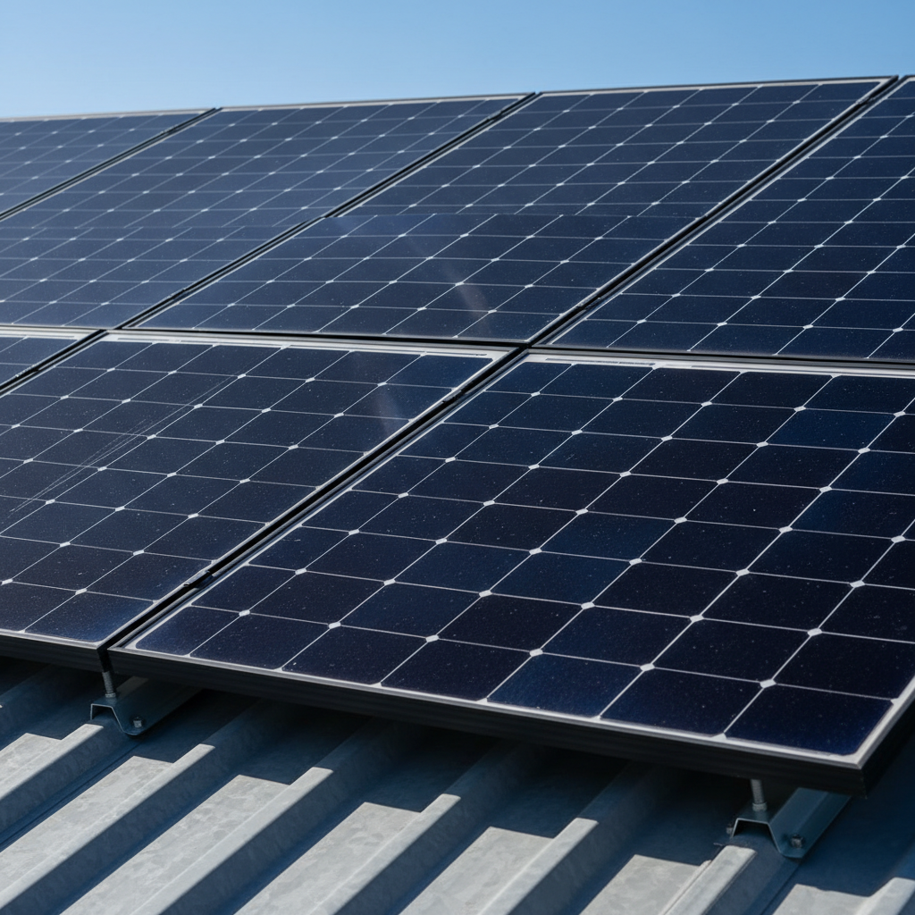 Close-up of monocrystalline solar panels mounted on IBR roof, clear sky background