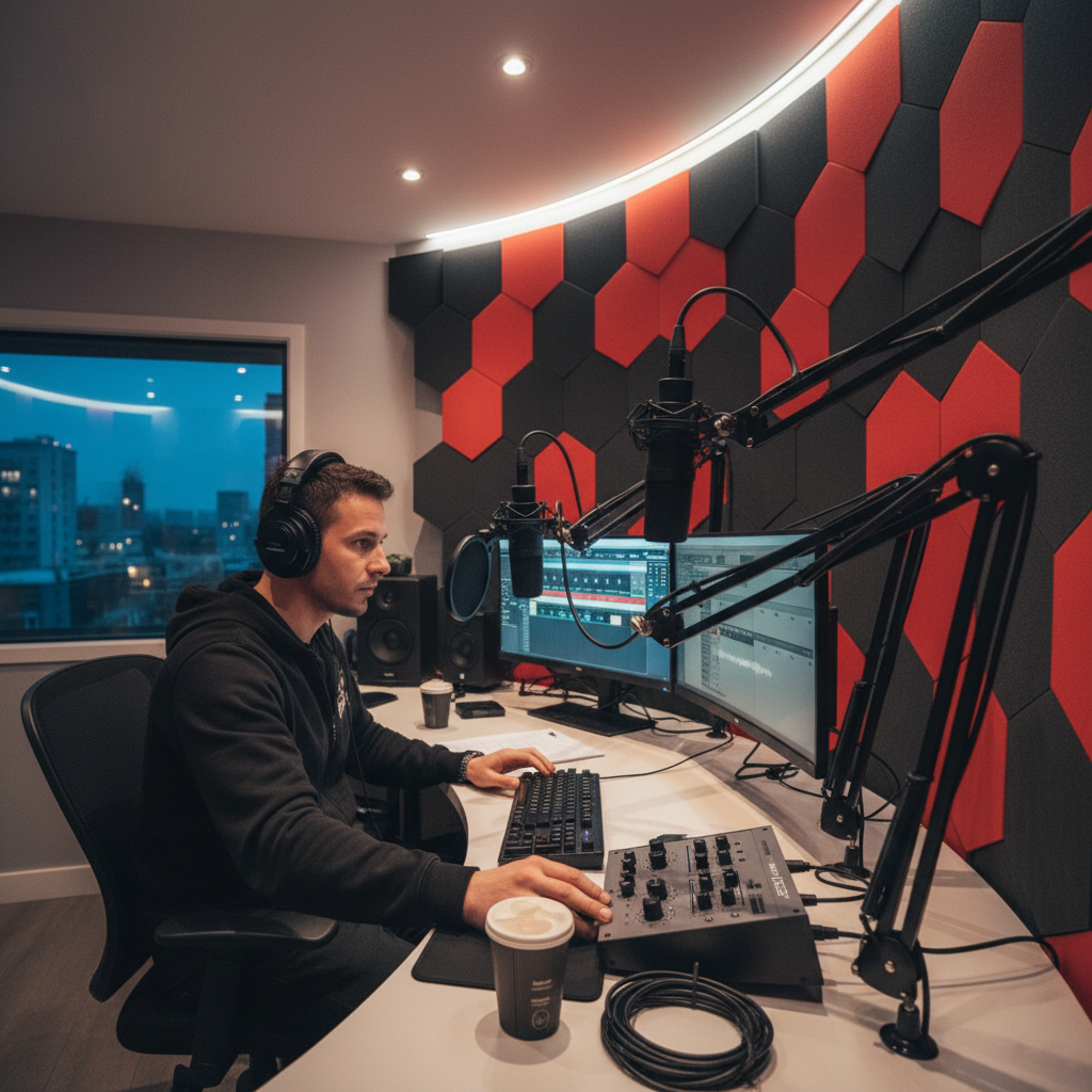 Podcast recording session with two microphones and acoustic panels in a professional studio