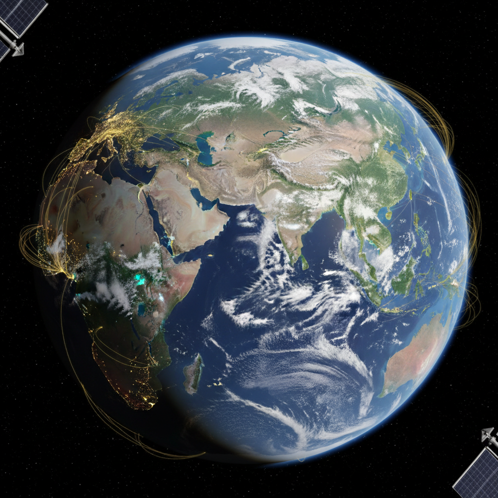 African continent infrastructure network diagram at night showing glowing development corridors, dark atmospheric satellite view
