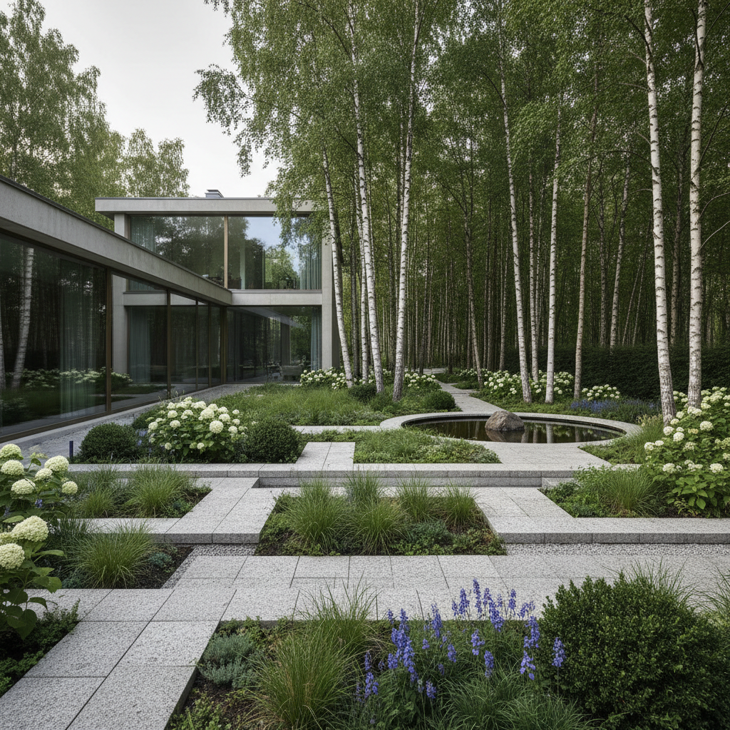 Modernist Helsinki villa rear garden with structured planting beds, stone paths and birch grove