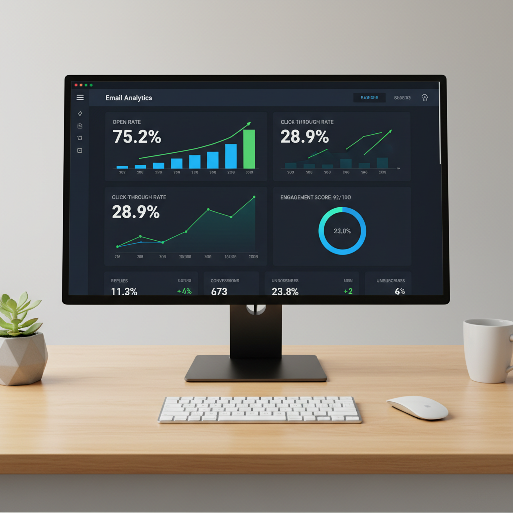 Email dashboard showing delivery analytics with open rate and click rate graphs