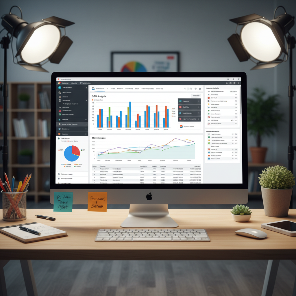 Graphiques et statistiques de référencement SEO affichés sur un écran d'ordinateur avec des courbes de croissance