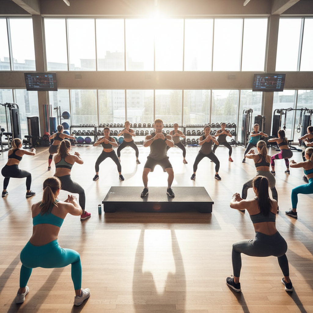 Group fitness class in session with trainer leading members